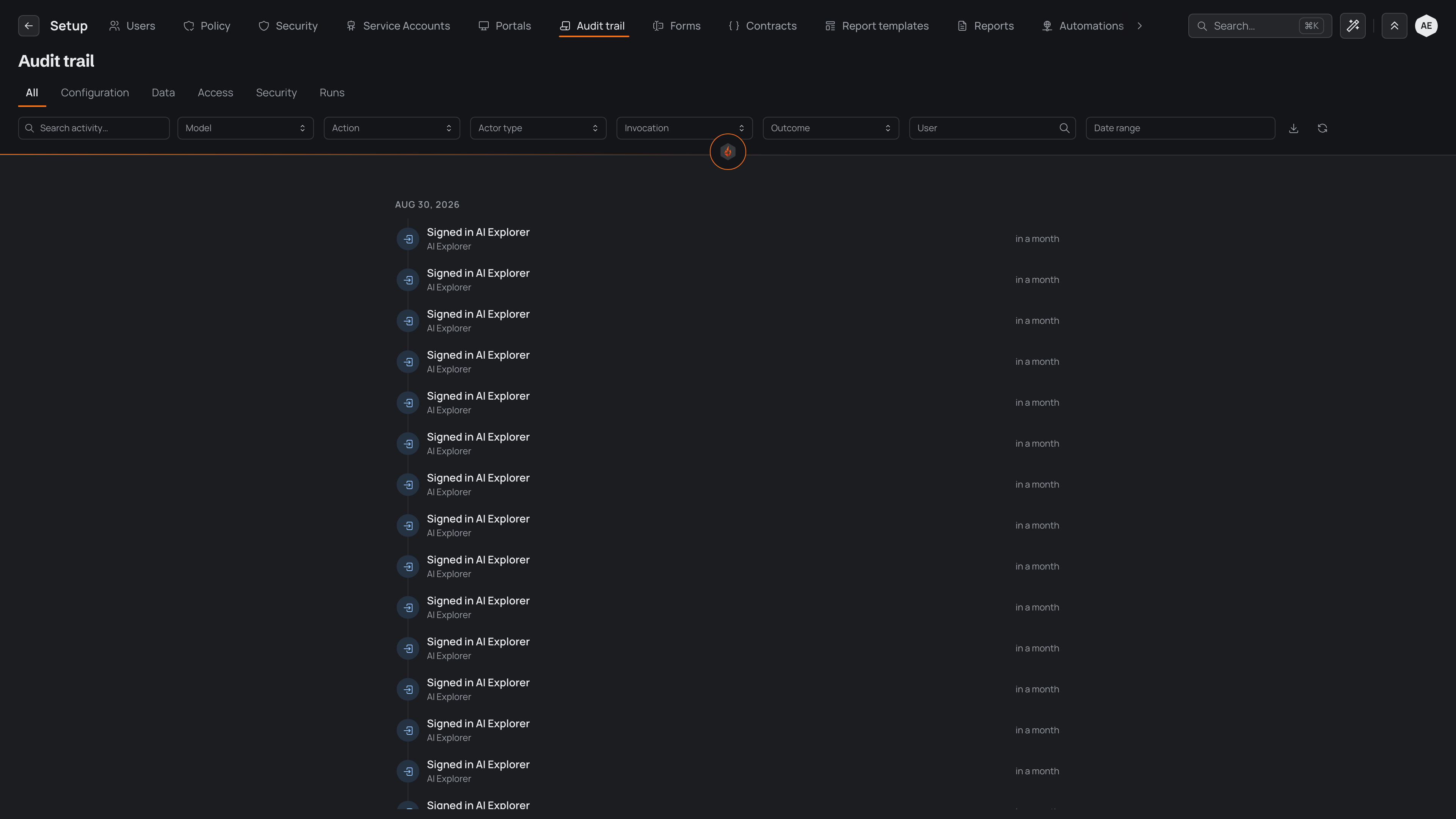 The Audit trail screen with the All tab selected among Configuration, Data, Access, Security and Runs tabs, a row of search and filter controls, and a list of sign-in activities grouped under a Today heading.
