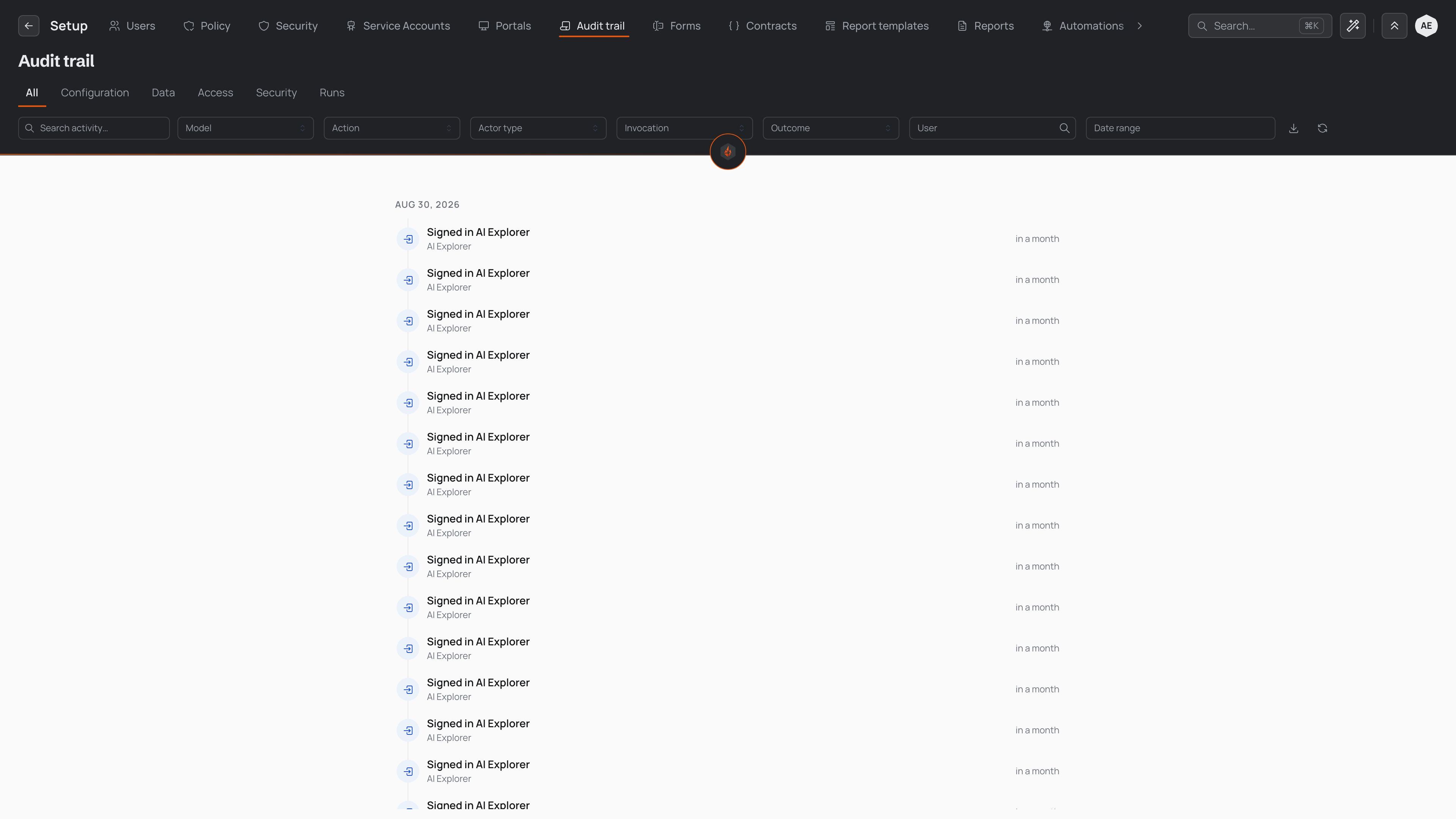 The Audit trail screen with the All tab selected among Configuration, Data, Access, Security and Runs tabs, a row of search and filter controls, and a list of sign-in activities grouped under a Today heading.