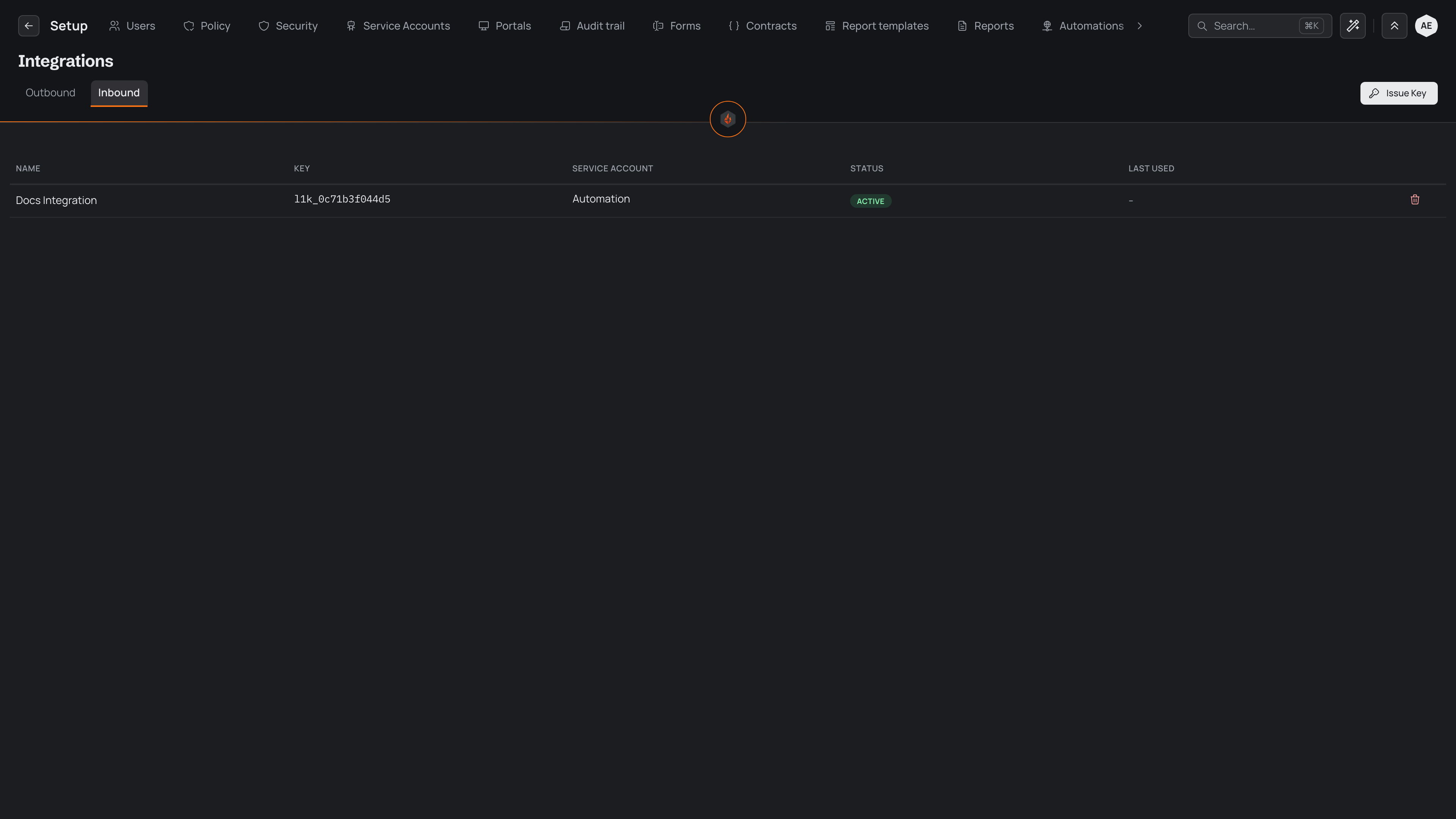 The Inbound tab of the Integrations page in Setup, showing a table of issued API keys — one key named Docs Integration, with its public identifier, the Automation service account it acts as, and an active status — and the Issue Key button above the table.