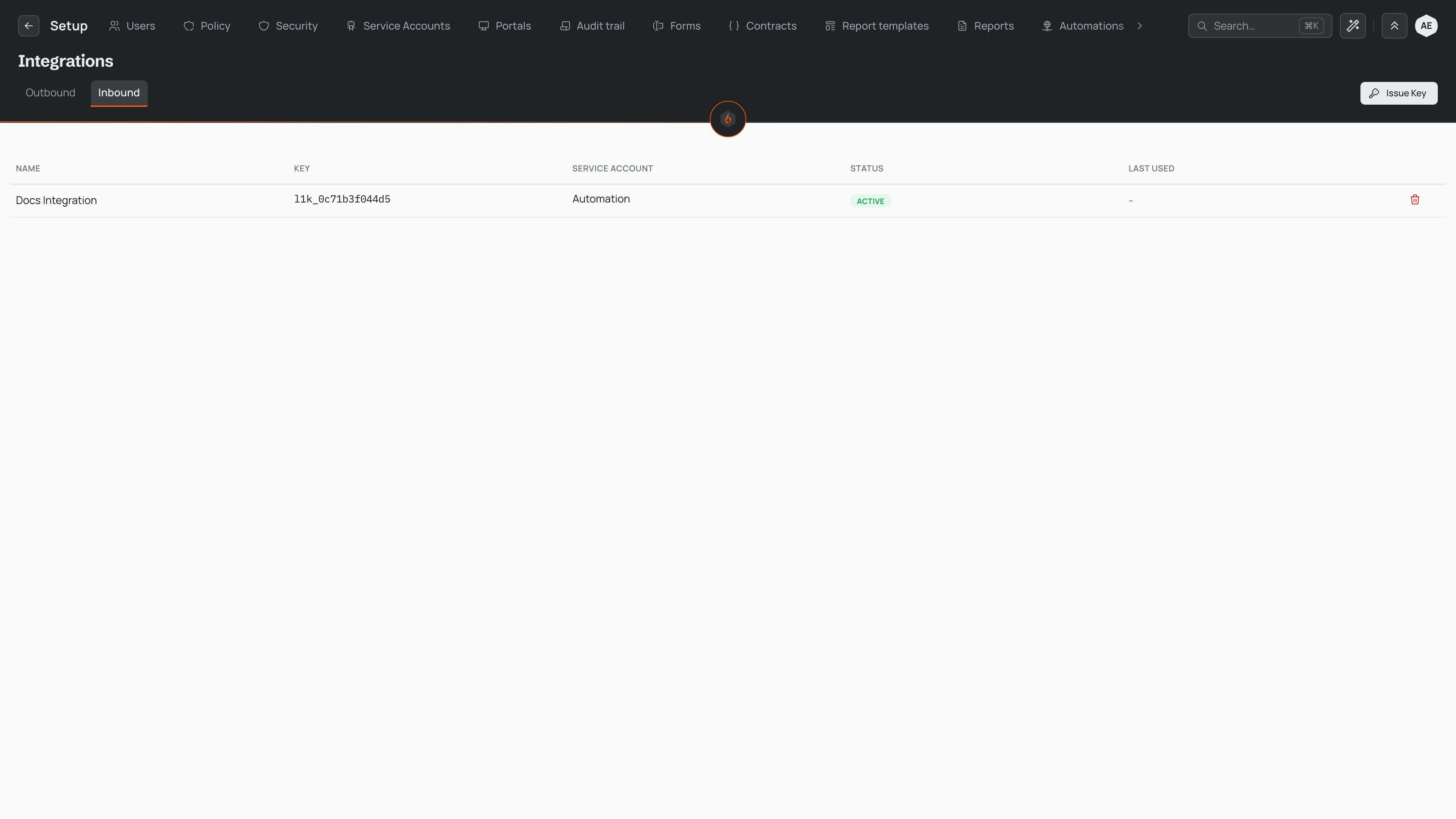 The Inbound tab of the Integrations page in Setup, showing a table of issued API keys — one key named Docs Integration, with its public identifier, the Automation service account it acts as, and an active status — and the Issue Key button above the table.
