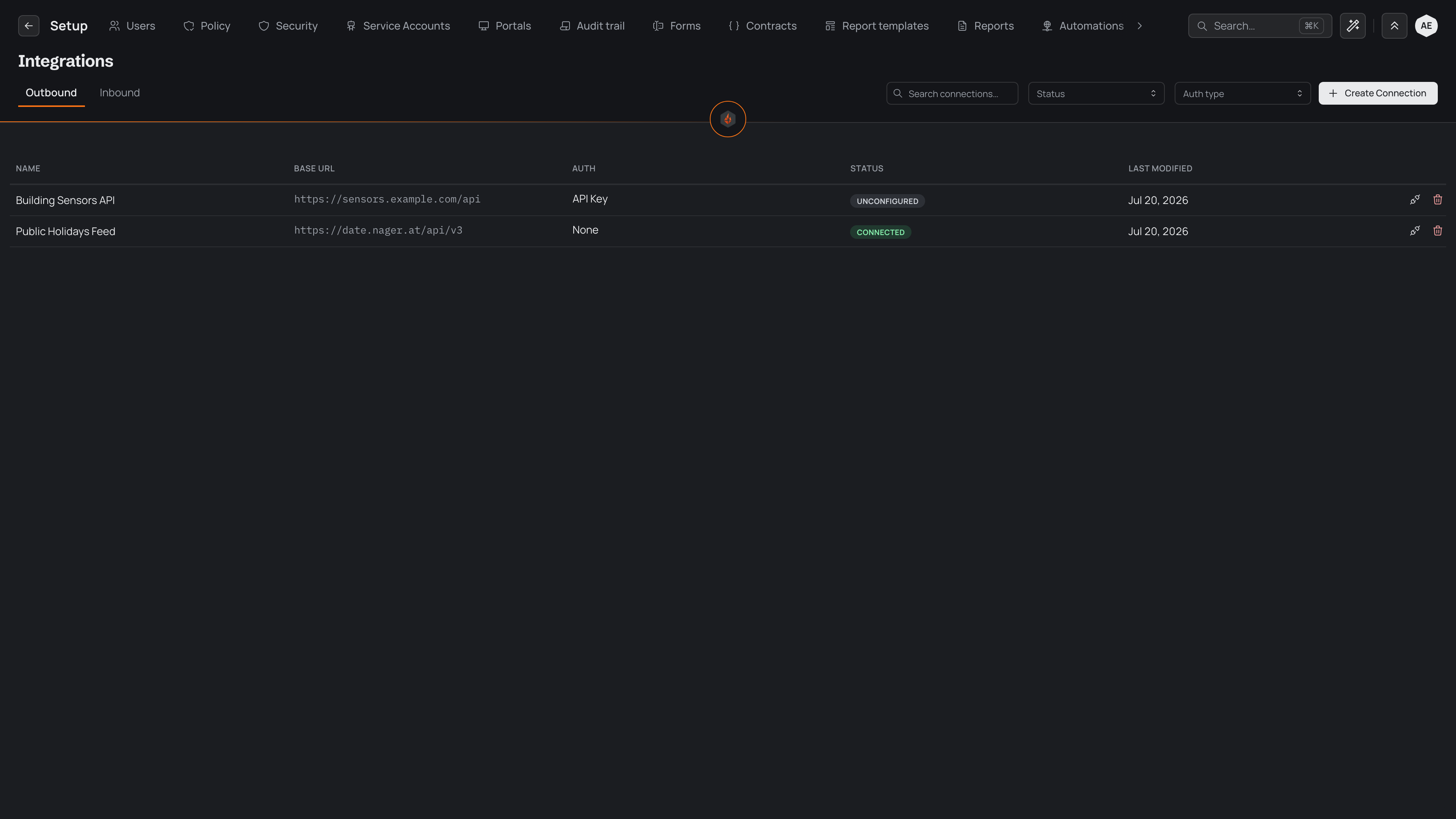 The Outbound tab of the Integrations page in Setup, listing two saved connections with their base addresses, authentication method, and status, and the Create Connection button above the table.