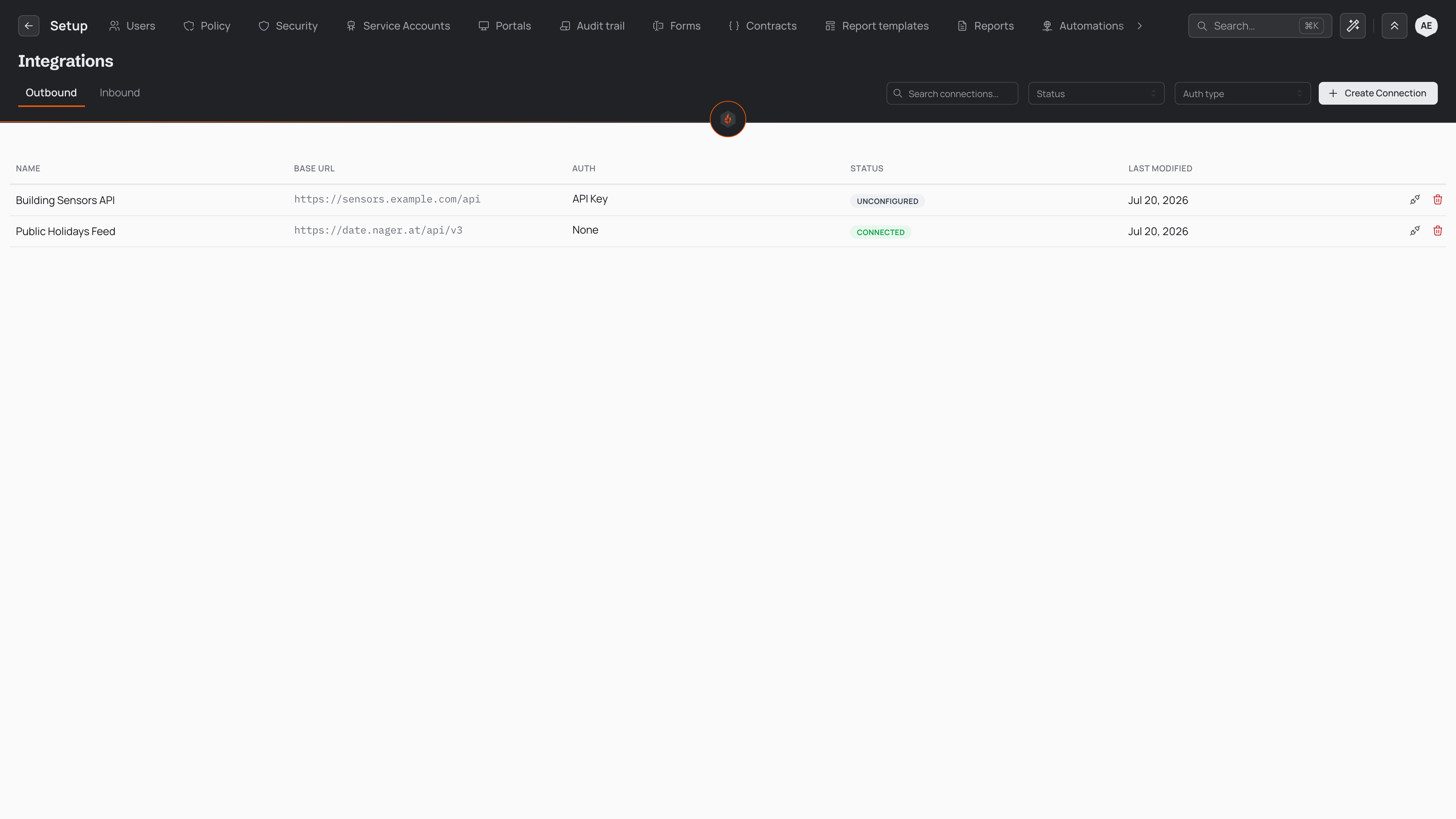 The Outbound tab of the Integrations page in Setup, listing two saved connections with their base addresses, authentication method, and status, and the Create Connection button above the table.