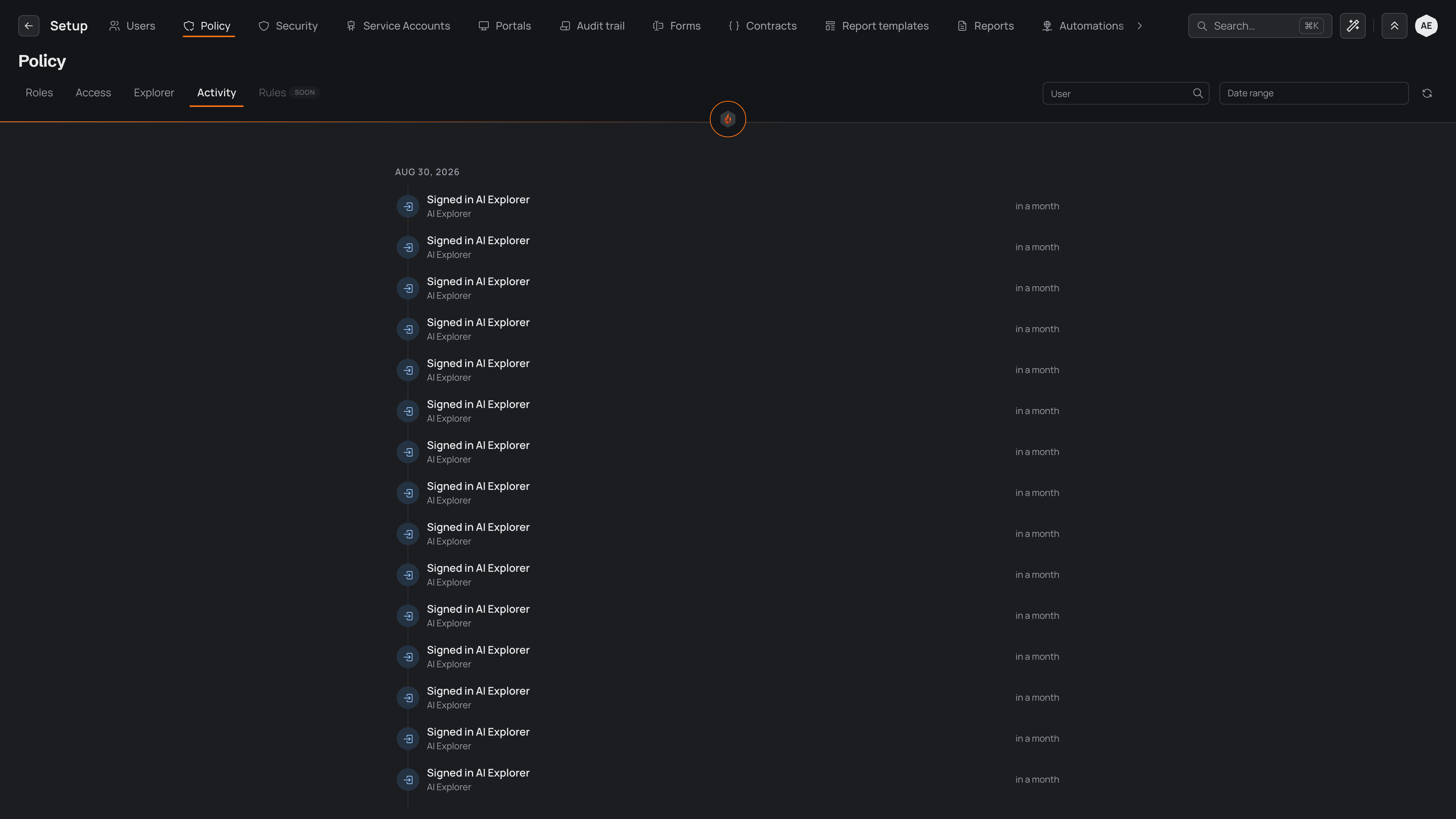 The Policy workspace on the Activity tab, showing a timeline of sign-in activity grouped under a Today heading, with User and Date range filters and a refresh control above the feed.