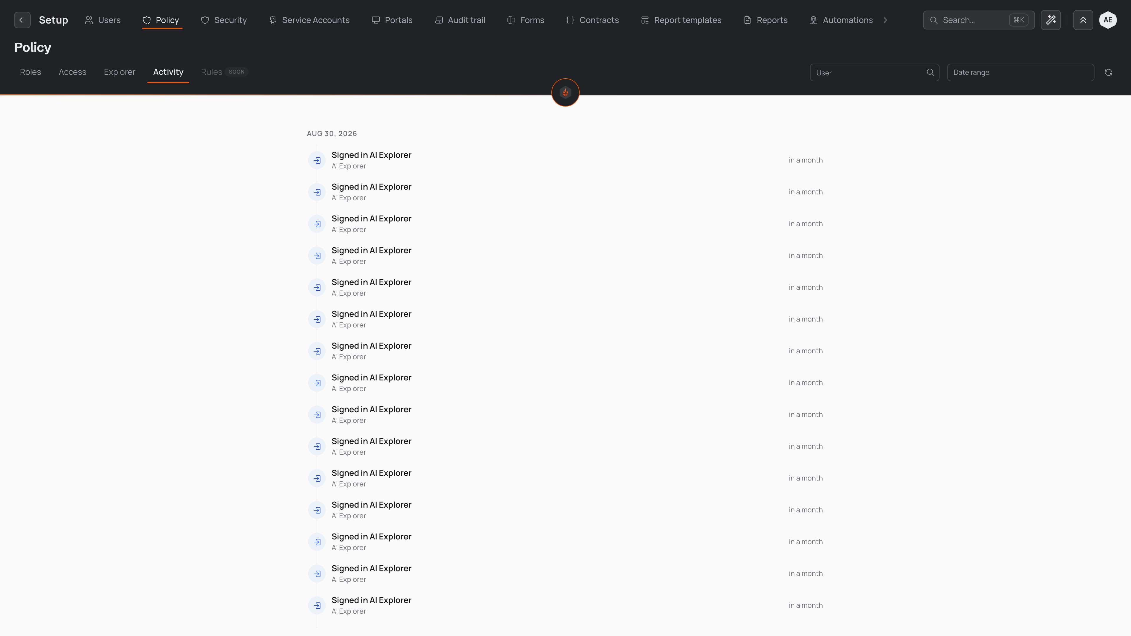 The Policy workspace on the Activity tab, showing a timeline of sign-in activity grouped under a Today heading, with User and Date range filters and a refresh control above the feed.
