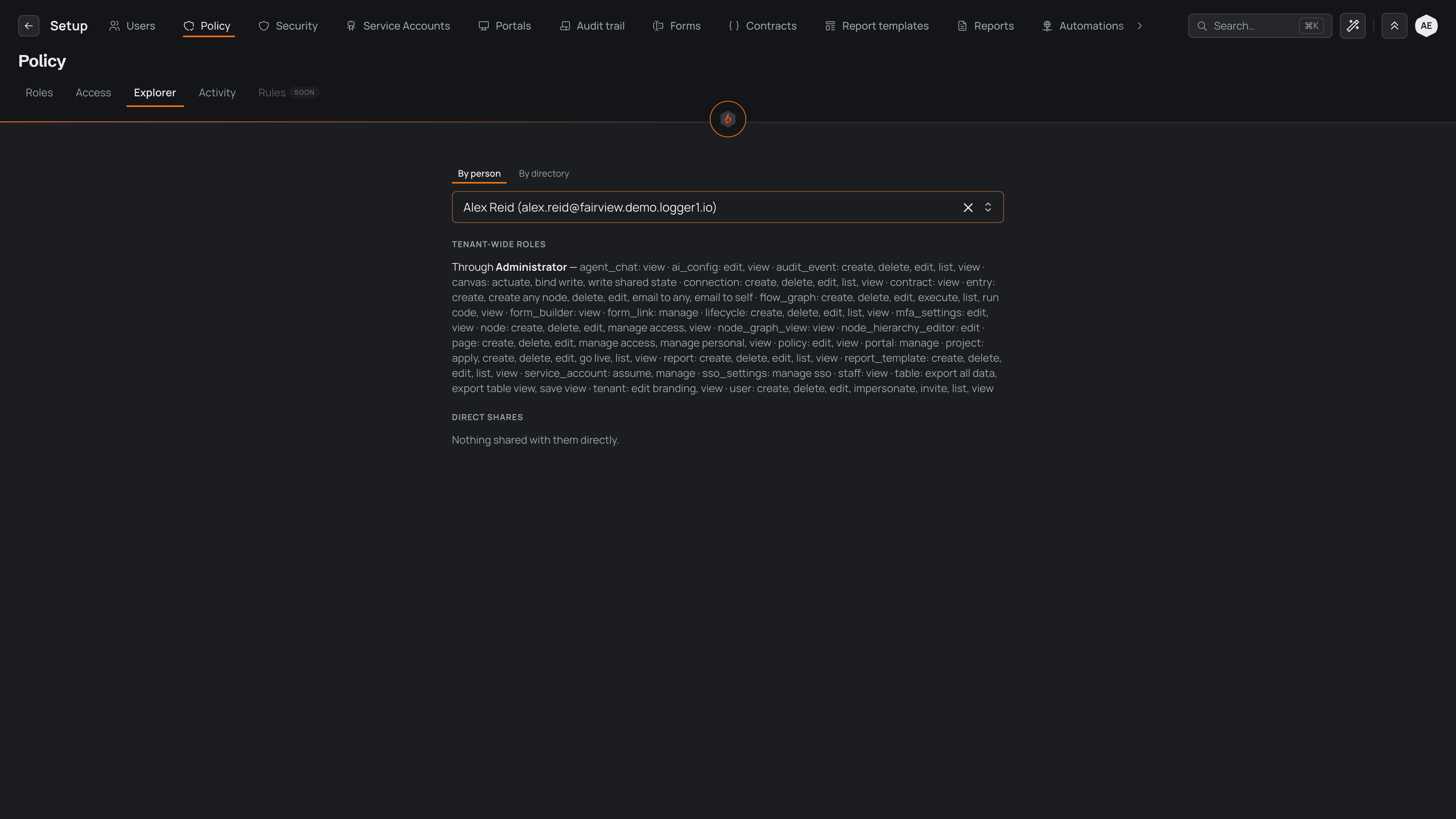 The access explorer on the Explorer tab, with a person picked and a summary of the roles and shares that decide what they can reach.
