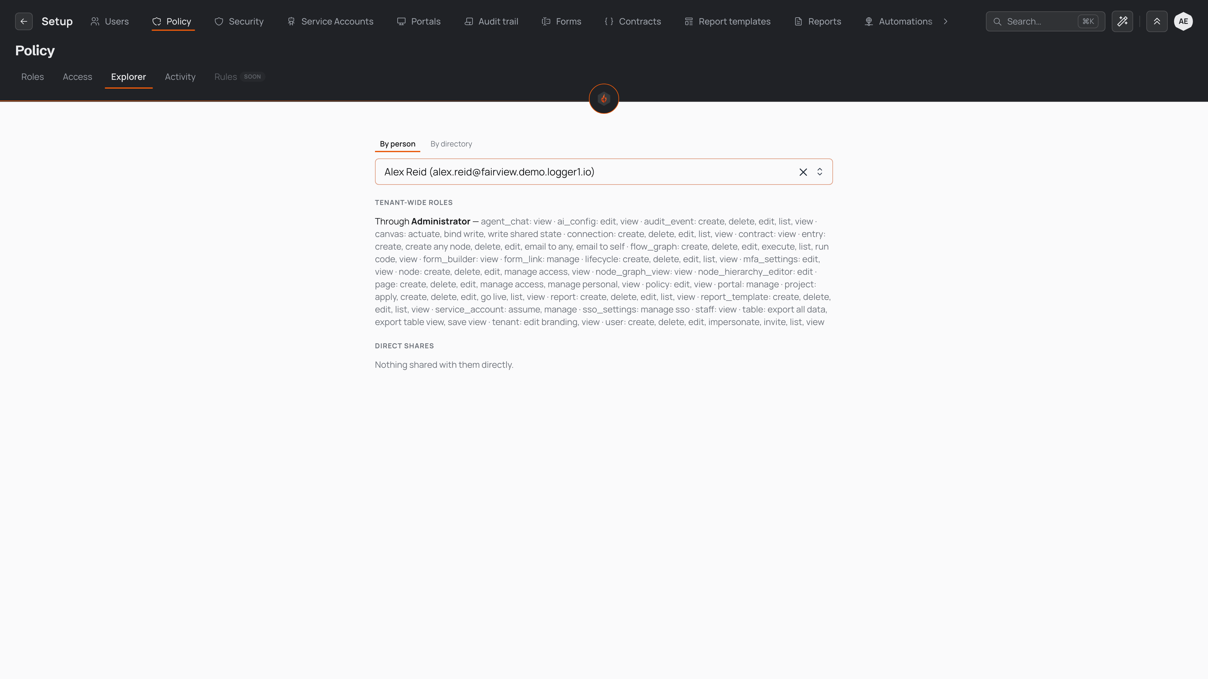 The access explorer on the Explorer tab, with a person picked and a summary of the roles and shares that decide what they can reach.