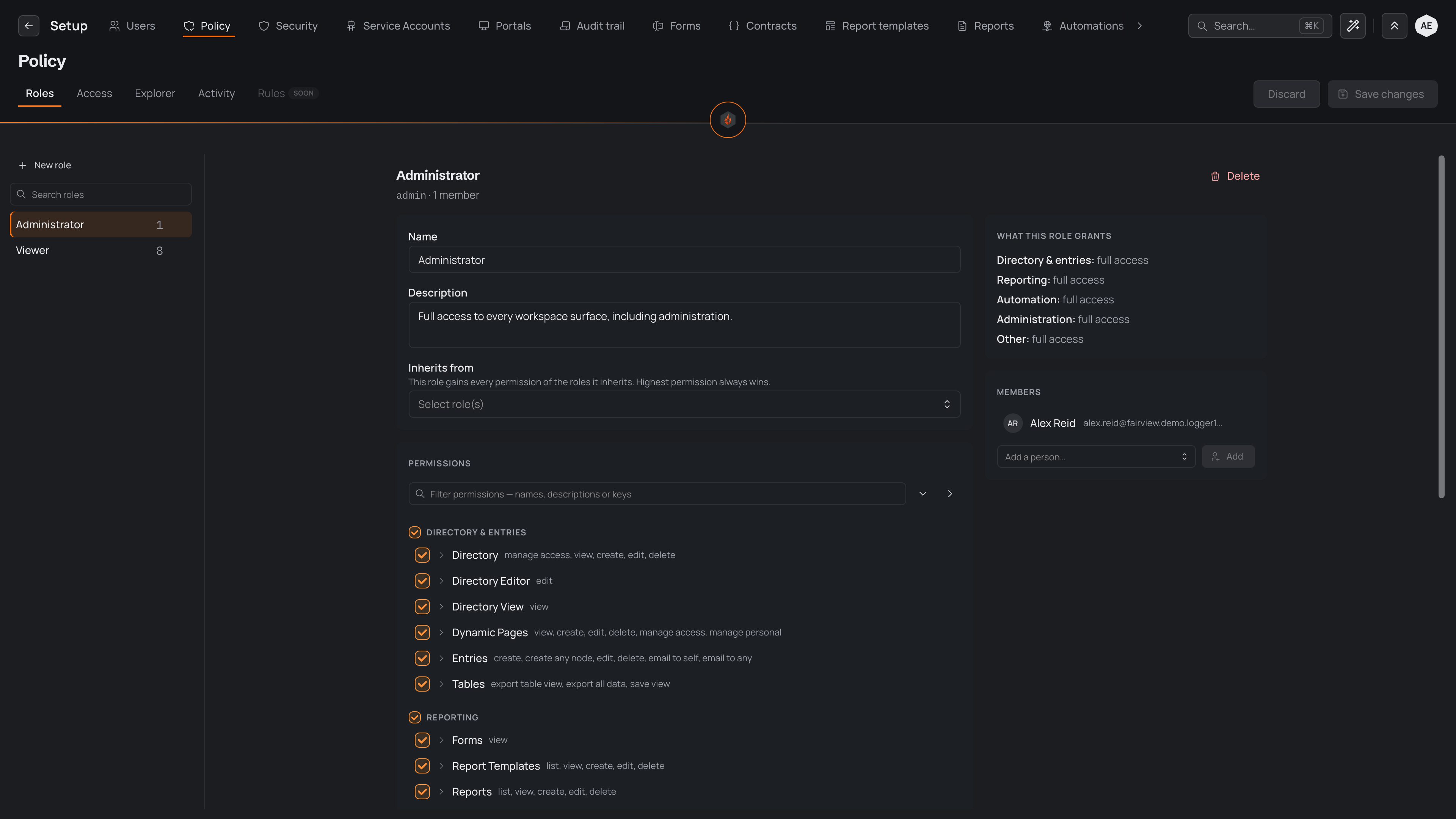 The Roles tab of the Policy screen showing a searchable list of roles on the left with the Administrator role selected, and its details on the right — name, description, inherited roles, a grouped permissions tree, and a summary of what the role grants.