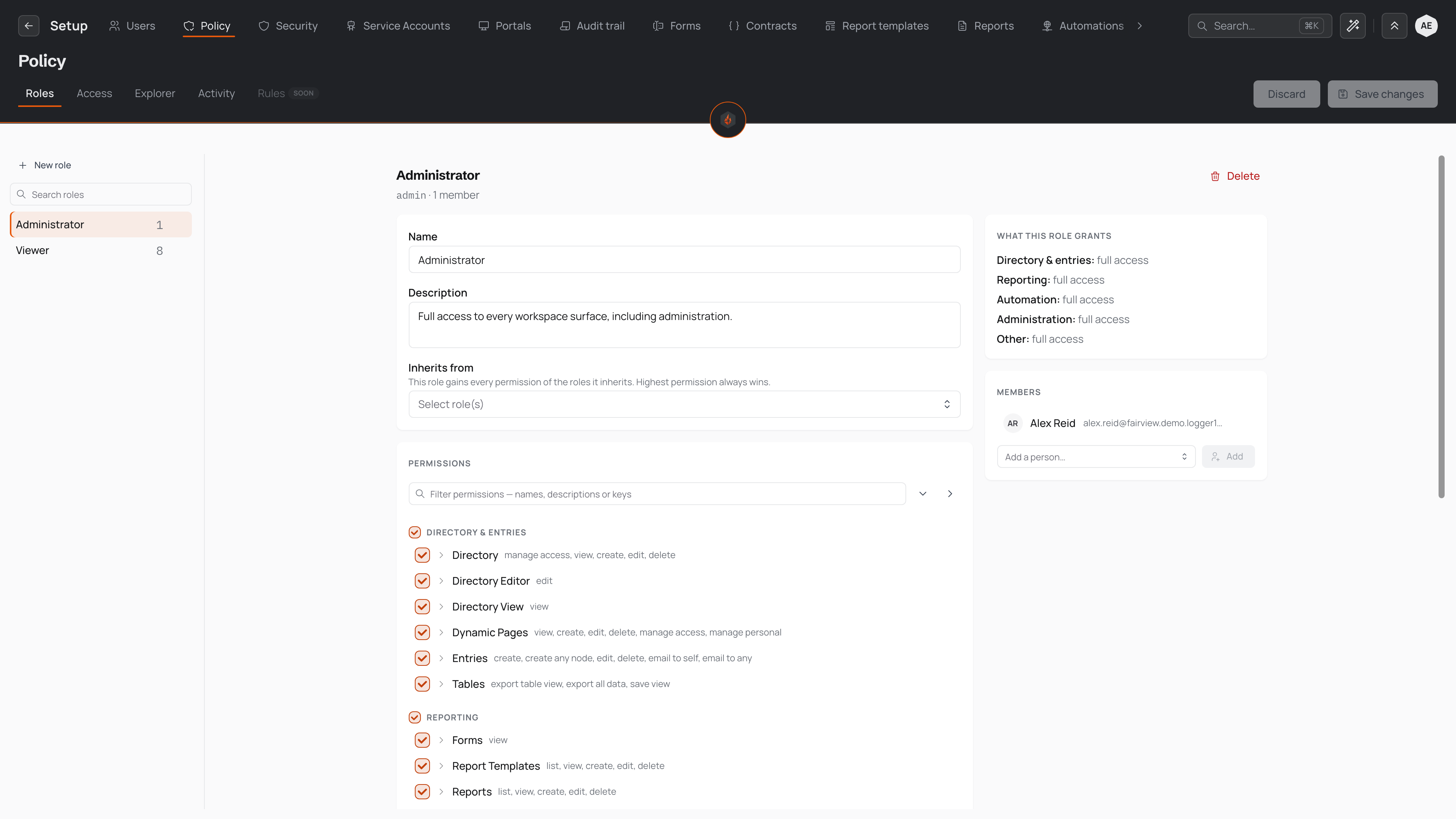 The Roles tab of the Policy screen showing a searchable list of roles on the left with the Administrator role selected, and its details on the right — name, description, inherited roles, a grouped permissions tree, and a summary of what the role grants.