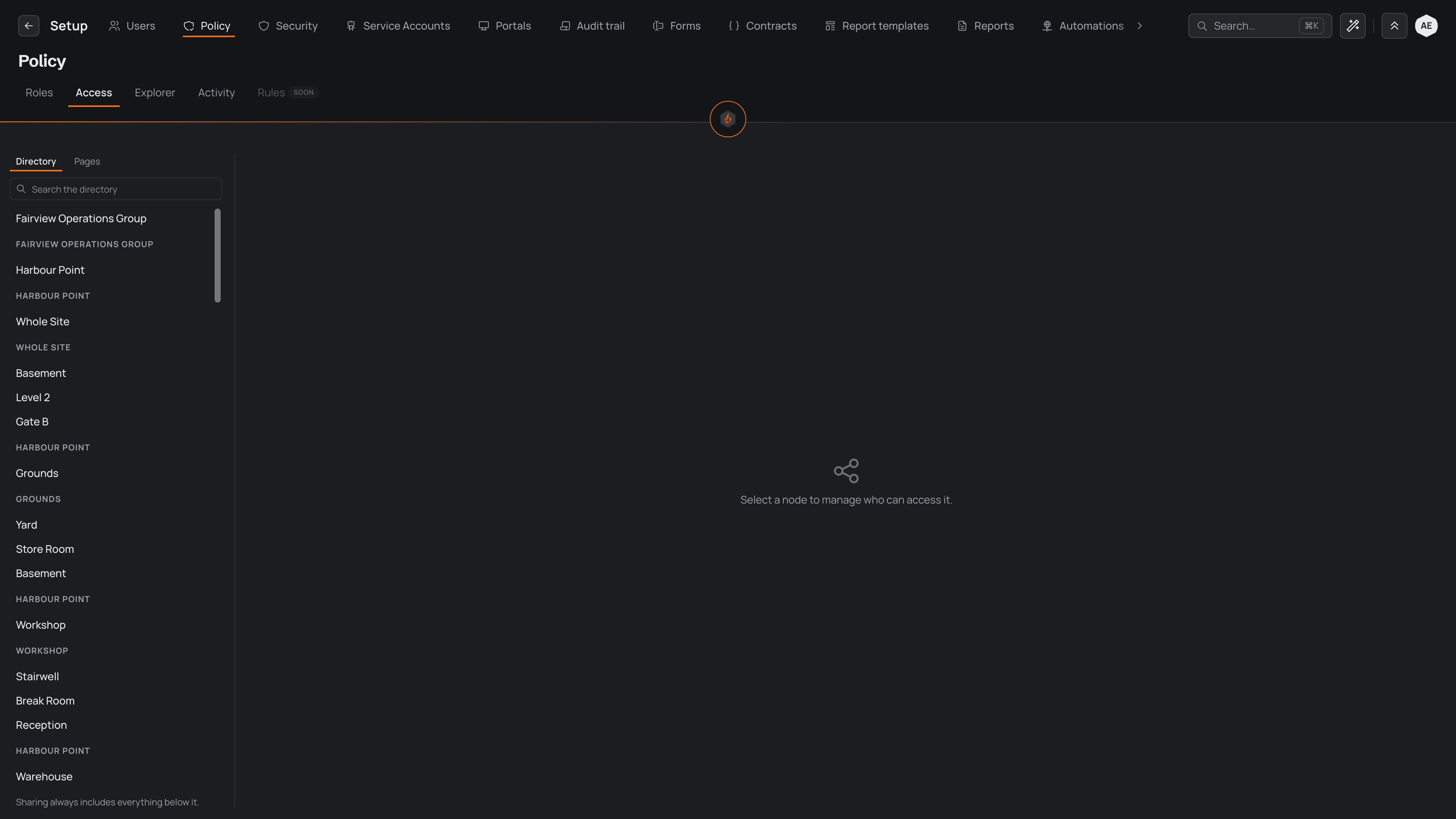 The Policy area with the Access tab open, showing the Directory list and a prompt to select part of the directory to manage who can access it.