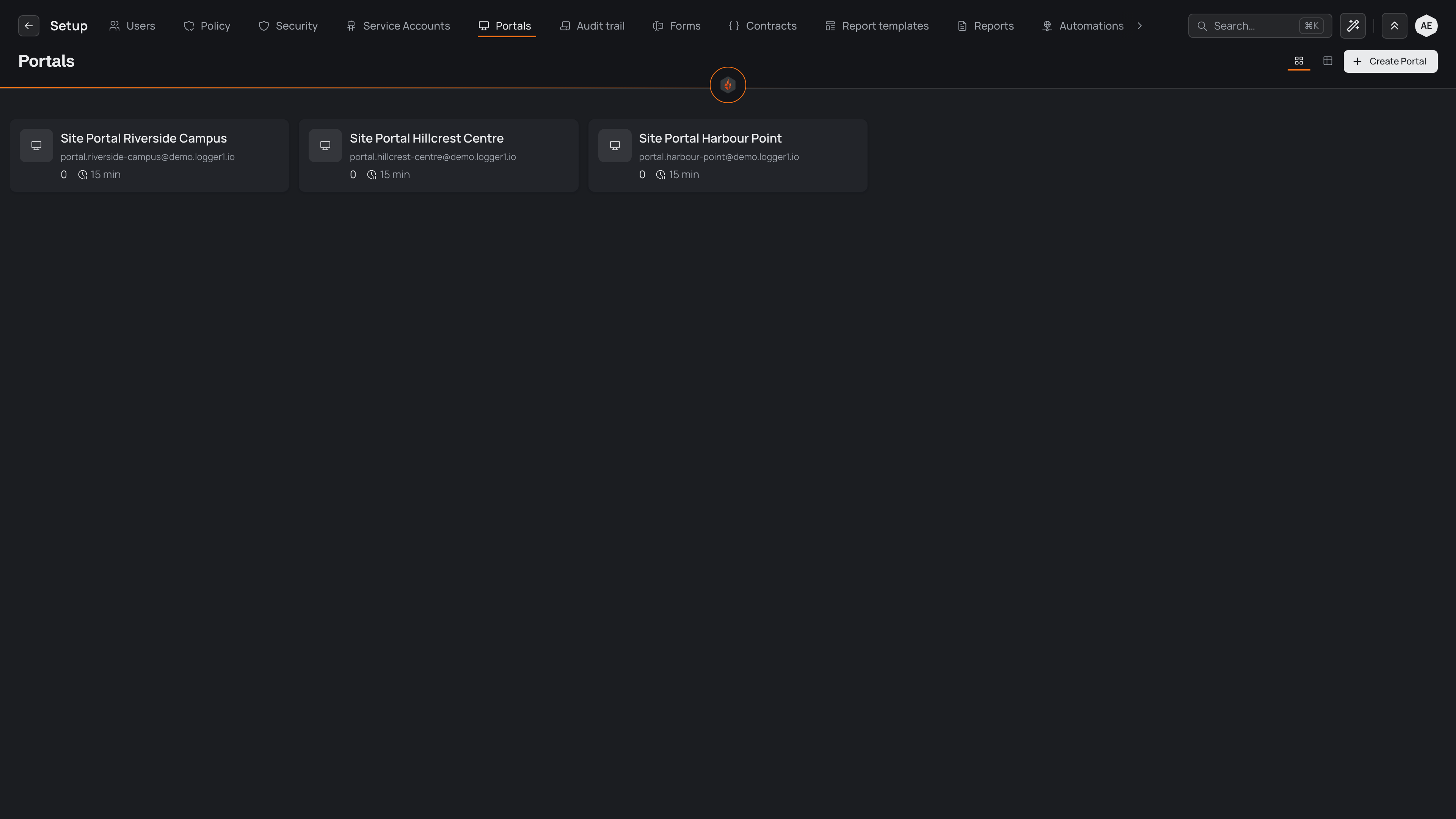 The Portals list in Setup, showing site portal cards with each portal's sign-in address, registered-user count, and inactivity timeout