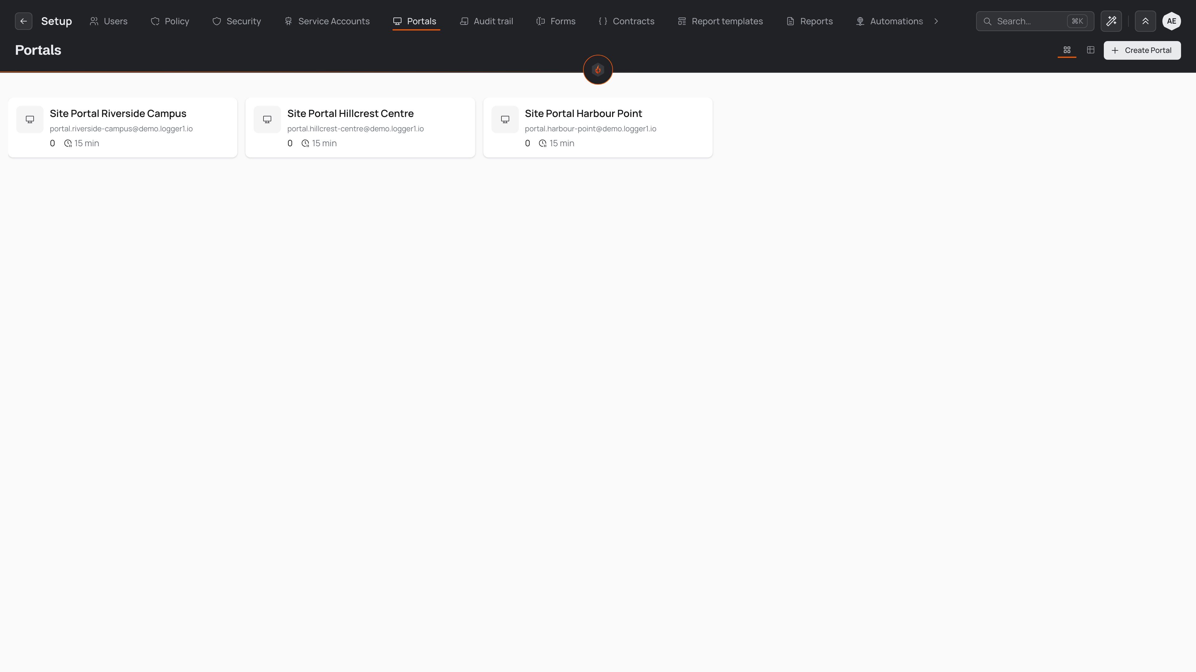 The Portals list in Setup, showing site portal cards with each portal's sign-in address, registered-user count, and inactivity timeout