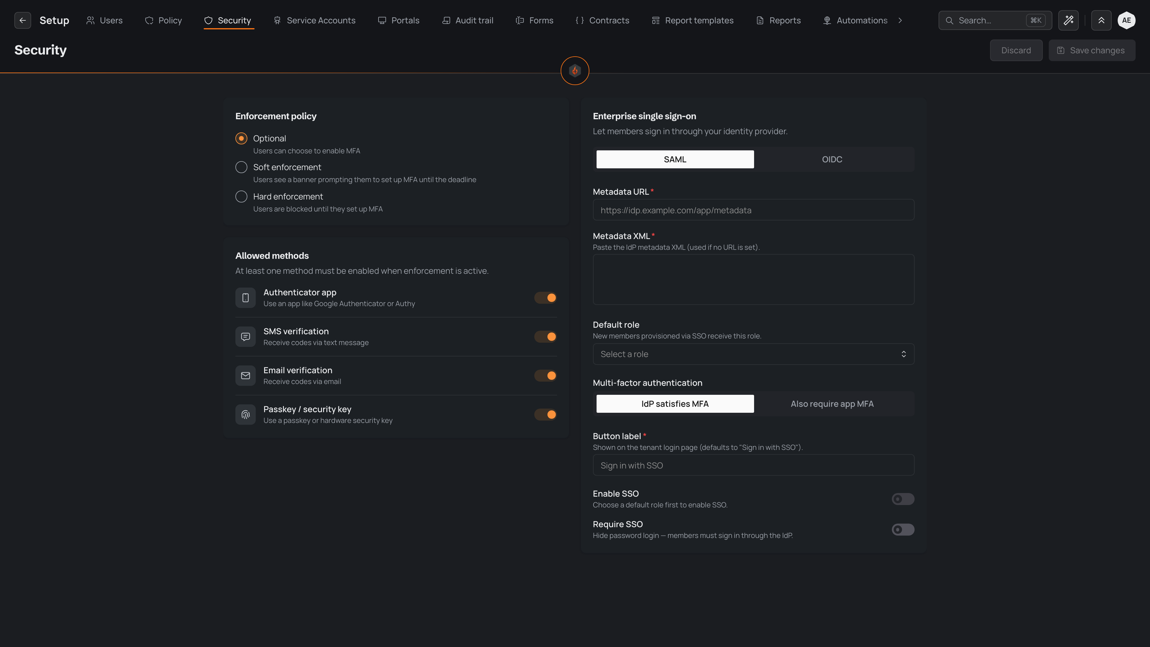 The Security screen with the enforcement policy set to Optional, the four verification methods enabled, and the single sign-on settings alongside.