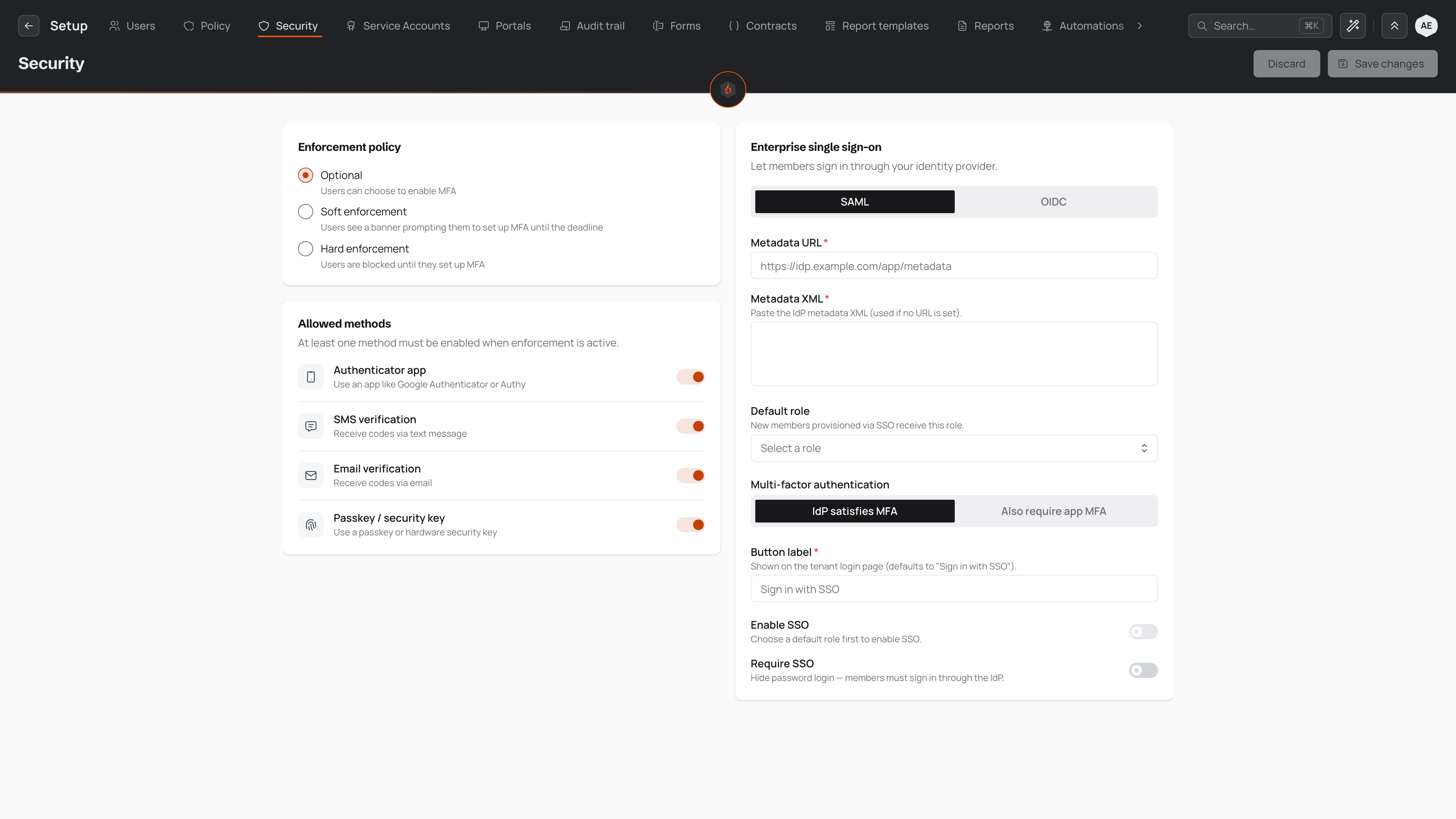 The Security screen with the enforcement policy set to Optional, the four verification methods enabled, and the single sign-on settings alongside.
