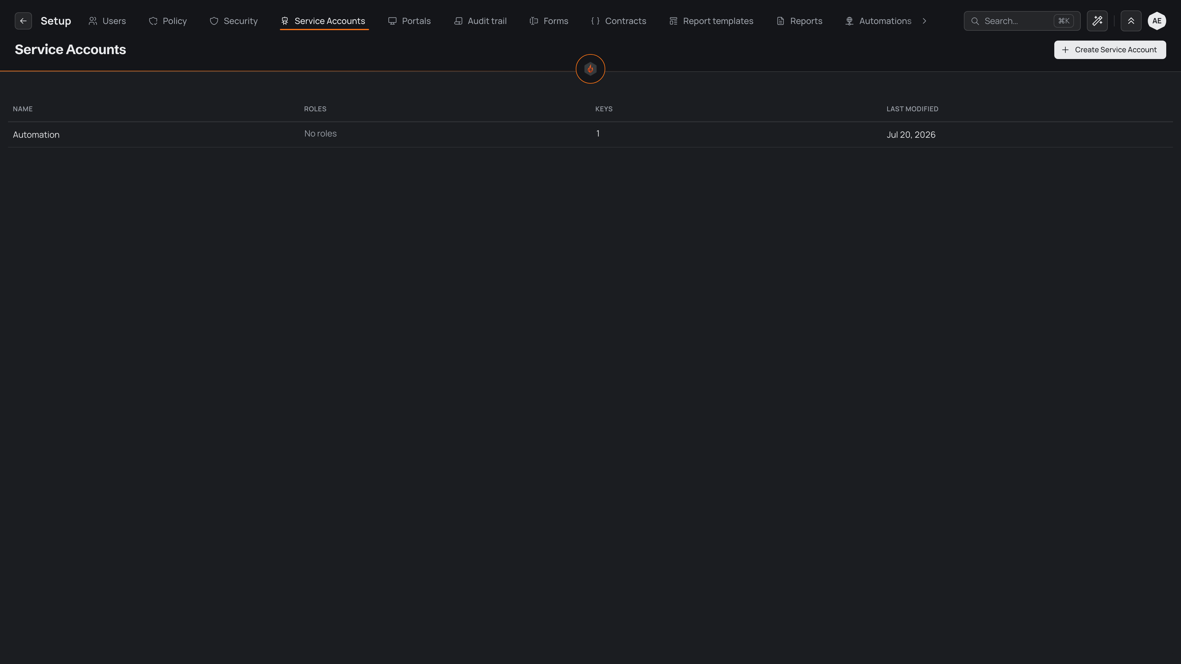The Service Accounts list showing the built-in Automation account with its roles, key count, and last-modified date.