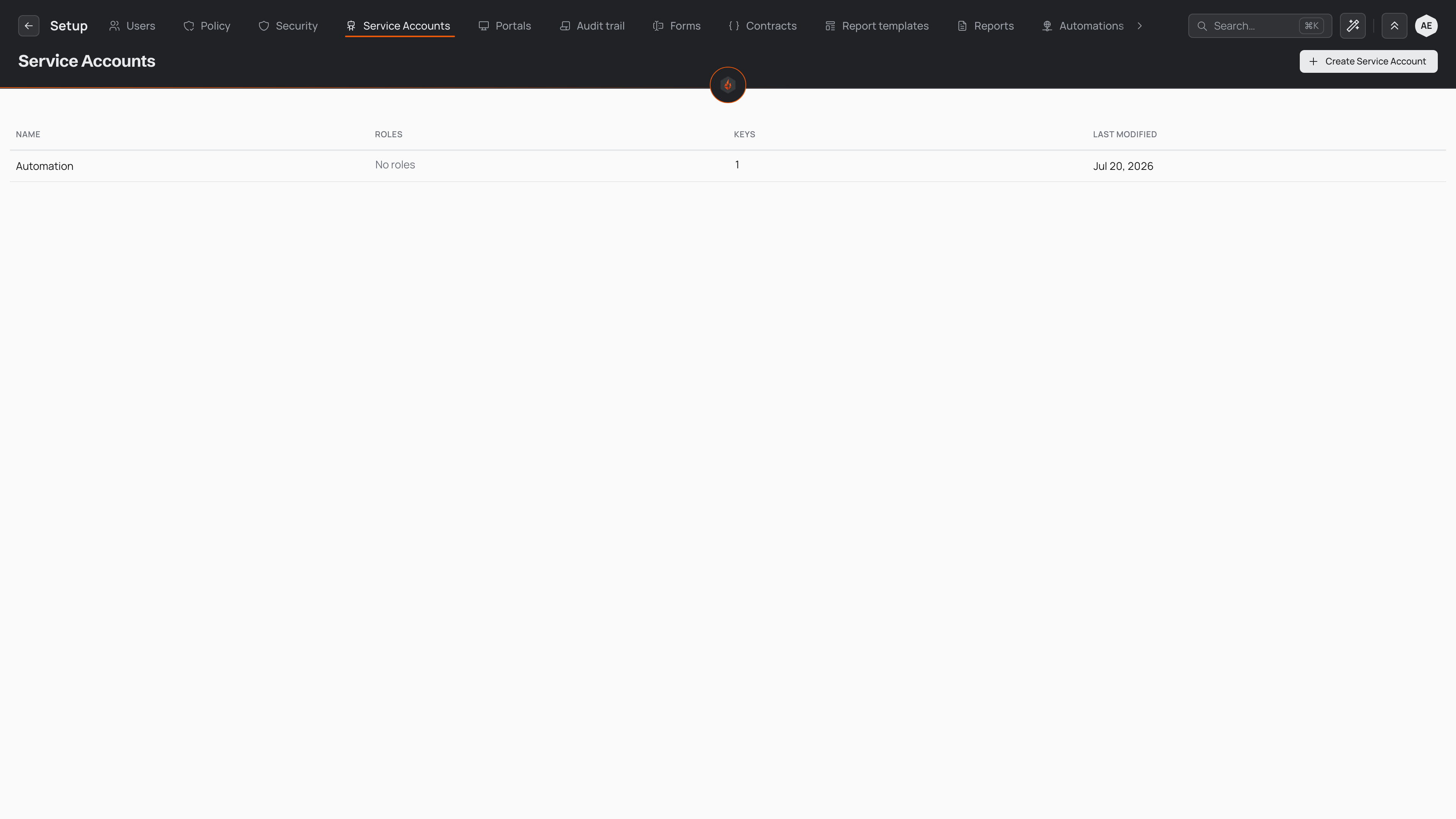 The Service Accounts list showing the built-in Automation account with its roles, key count, and last-modified date.