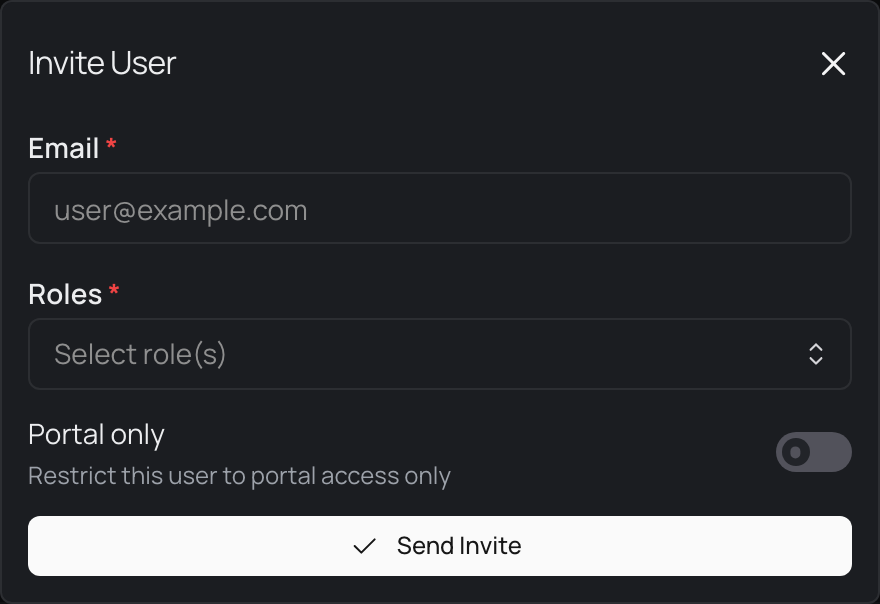 The Invite User form for adding a new person to your organisation.