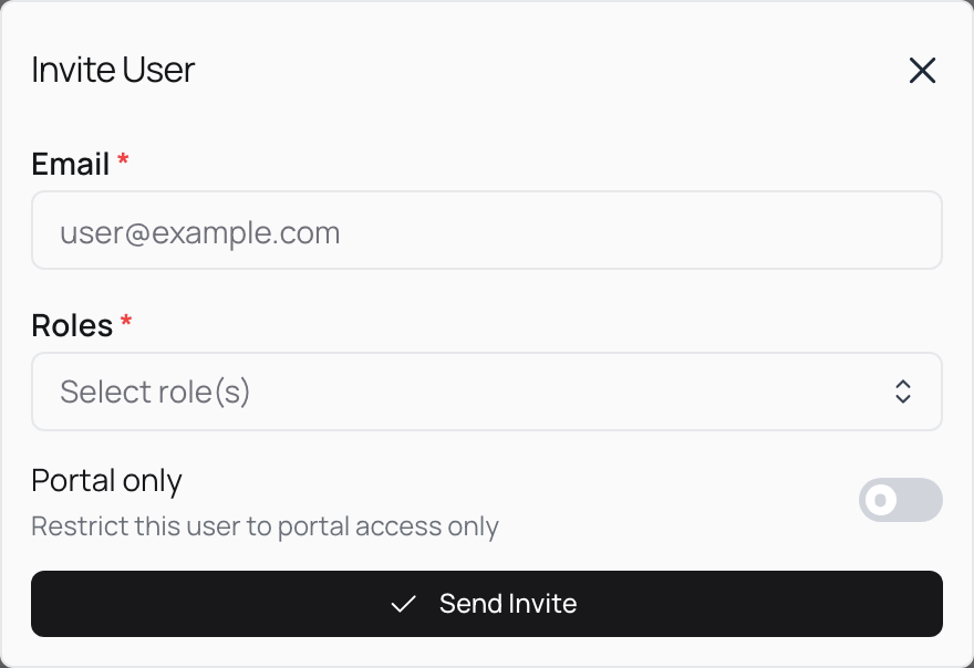 The Invite User form for adding a new person to your organisation.