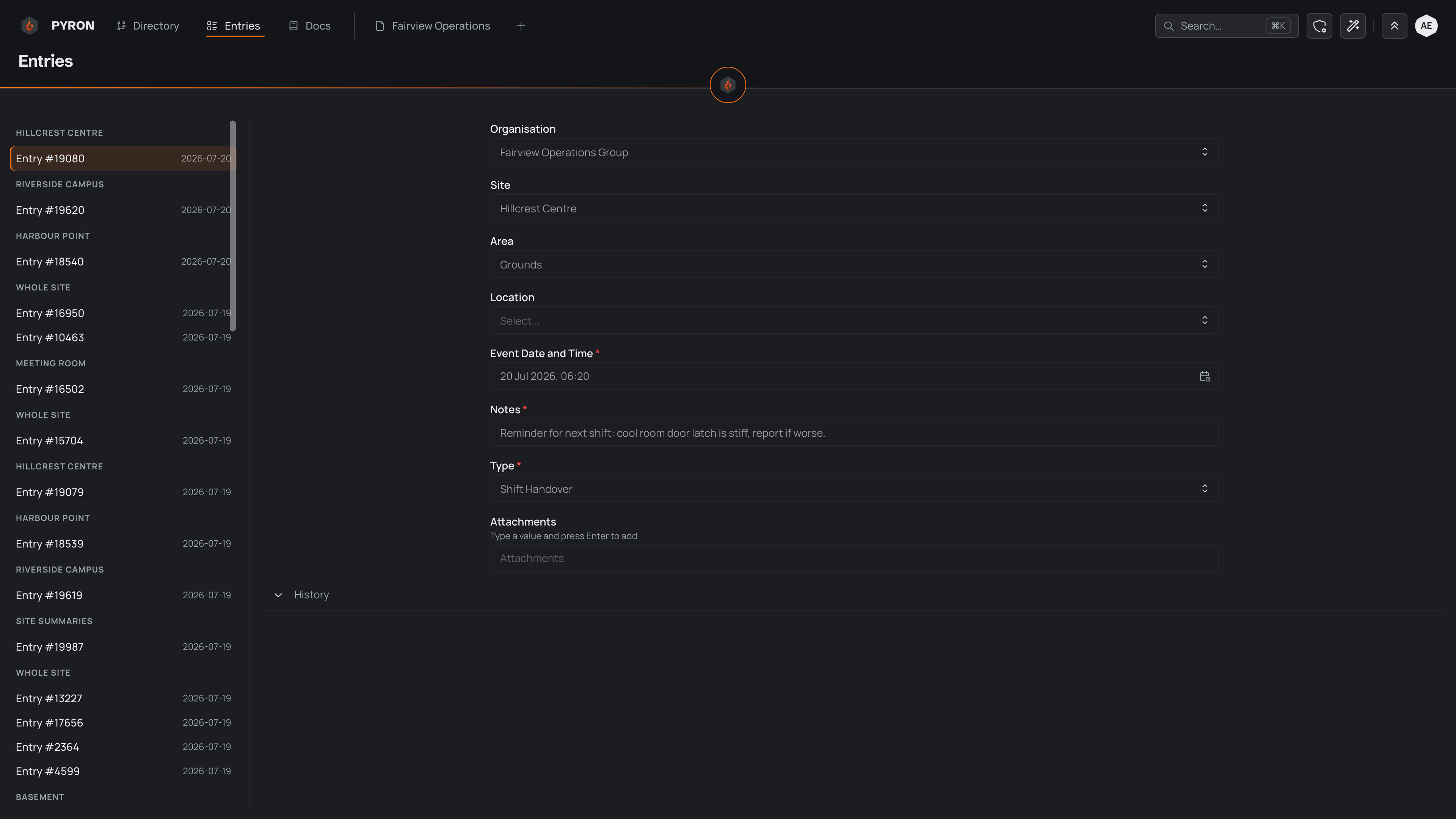 The Entries page — a stream of logged entries down the left, each showing its number and the date it was logged and grouped under the site it belongs to, with a detail pane on the right for the selected entry.