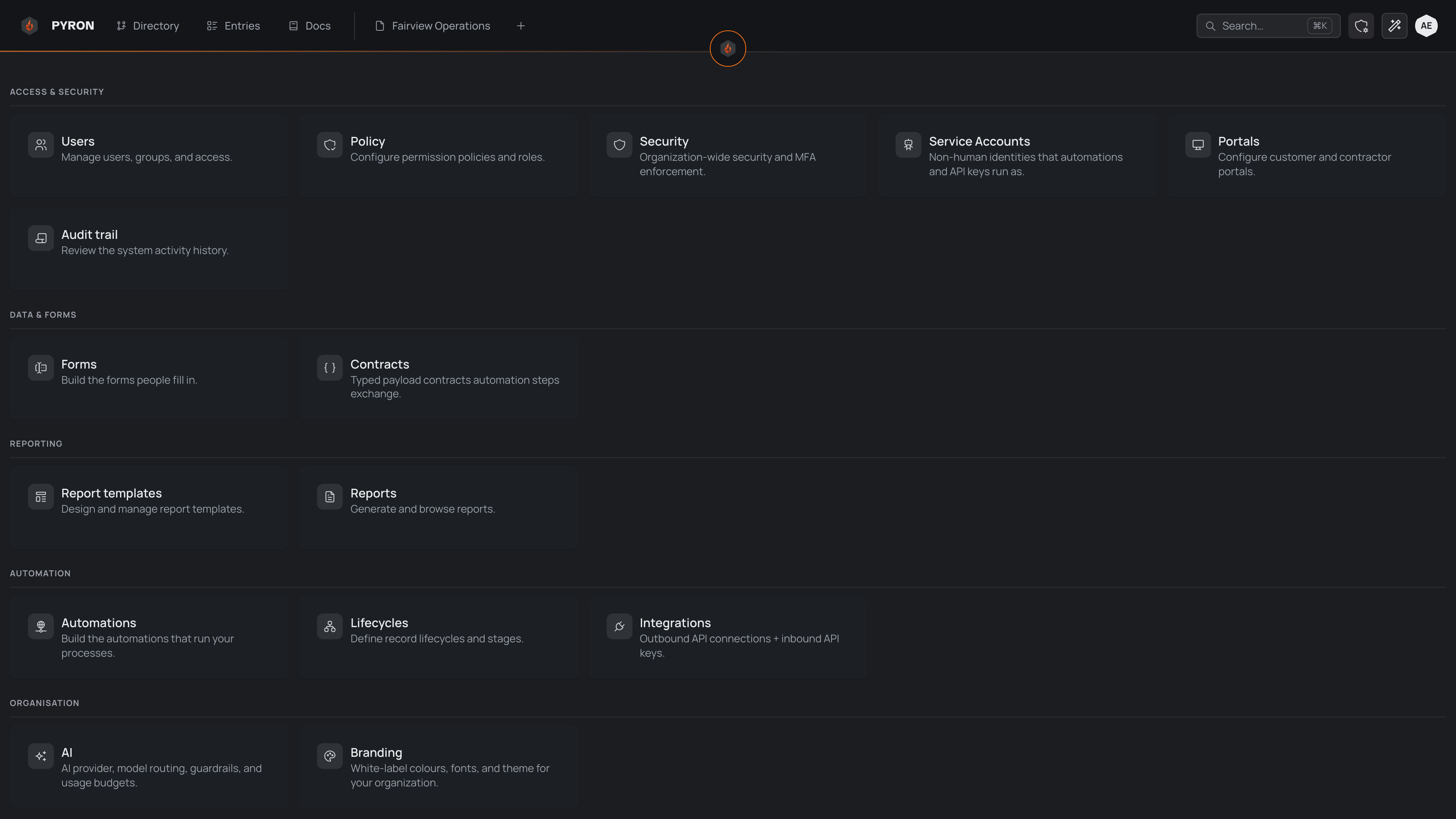 Setup page, its administration links grouped into labelled sections down the side.