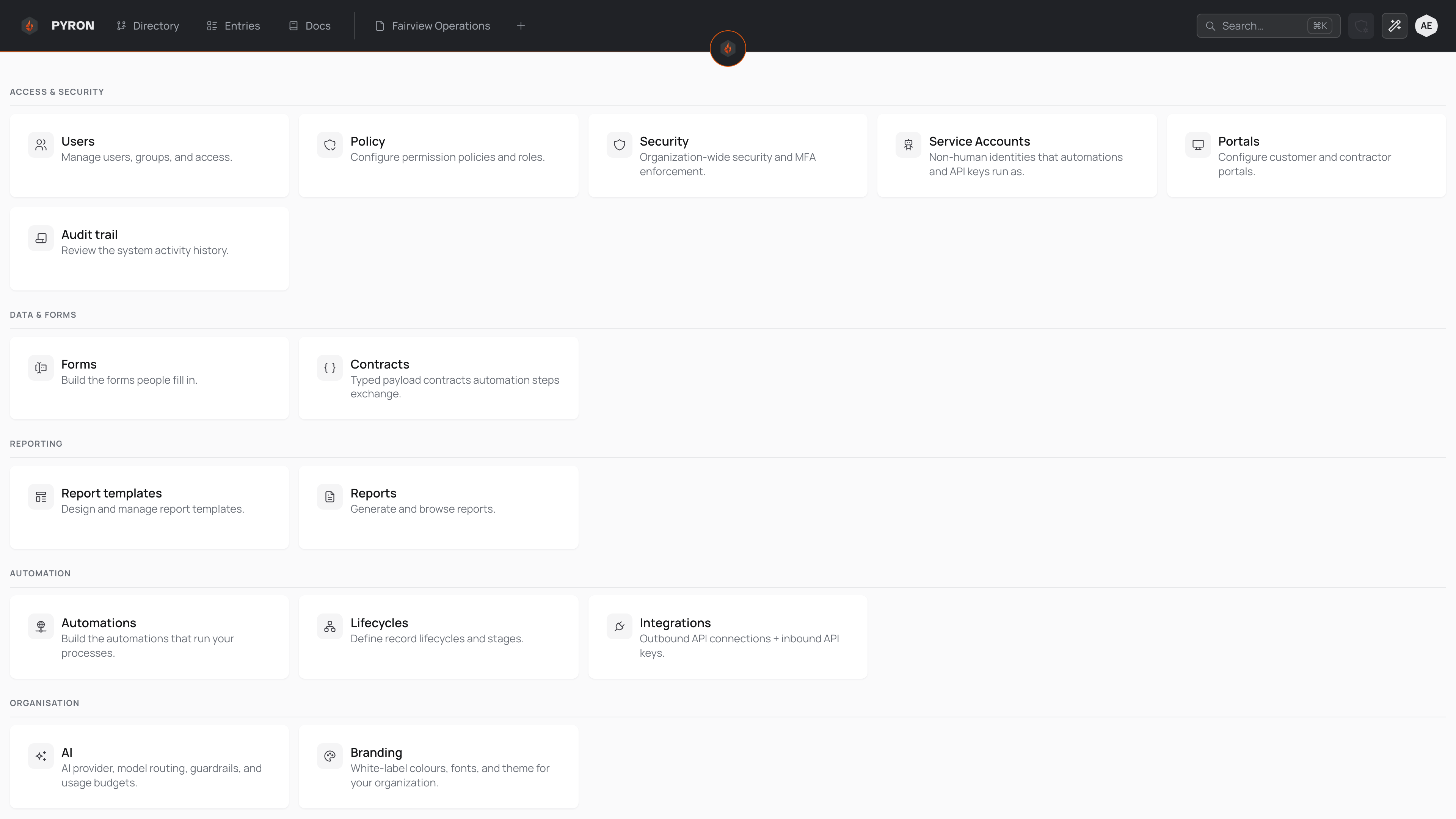 Setup page, its administration links grouped into labelled sections down the side.