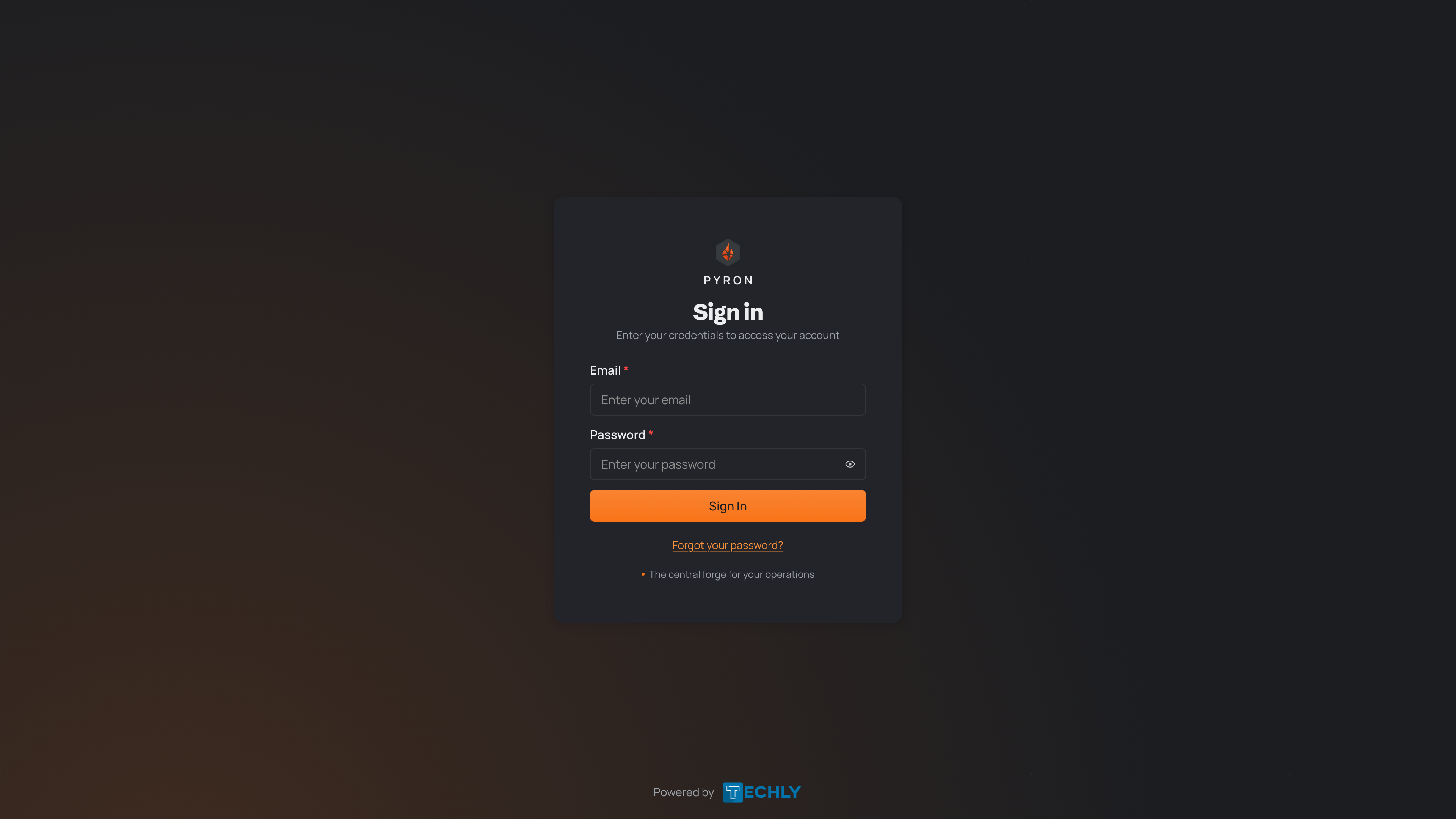 The Pyron sign-in page with Email and Password fields and a Sign In button.