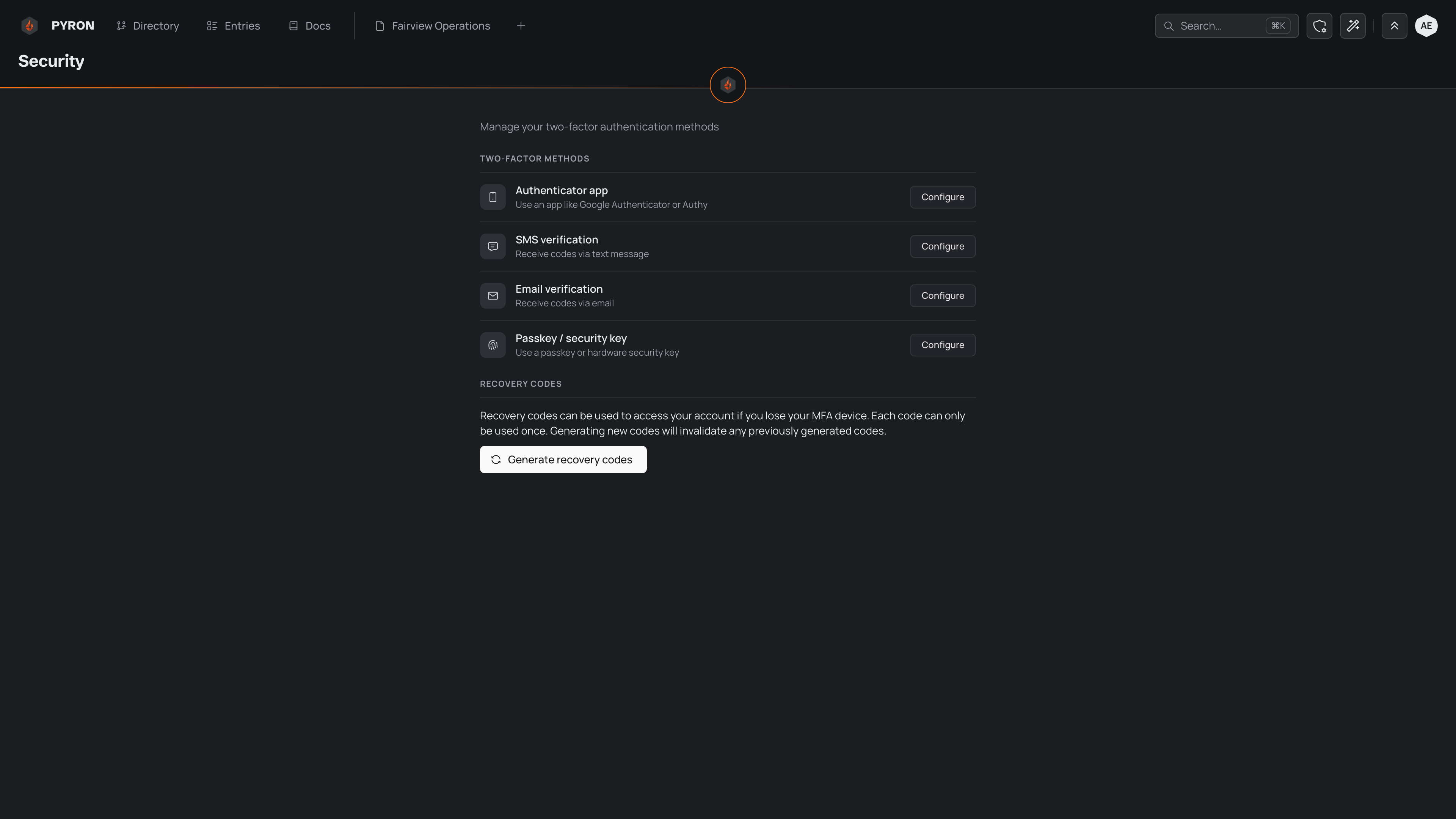 The Security page listing four two-factor methods, each with a Configure button, above a recovery codes section.