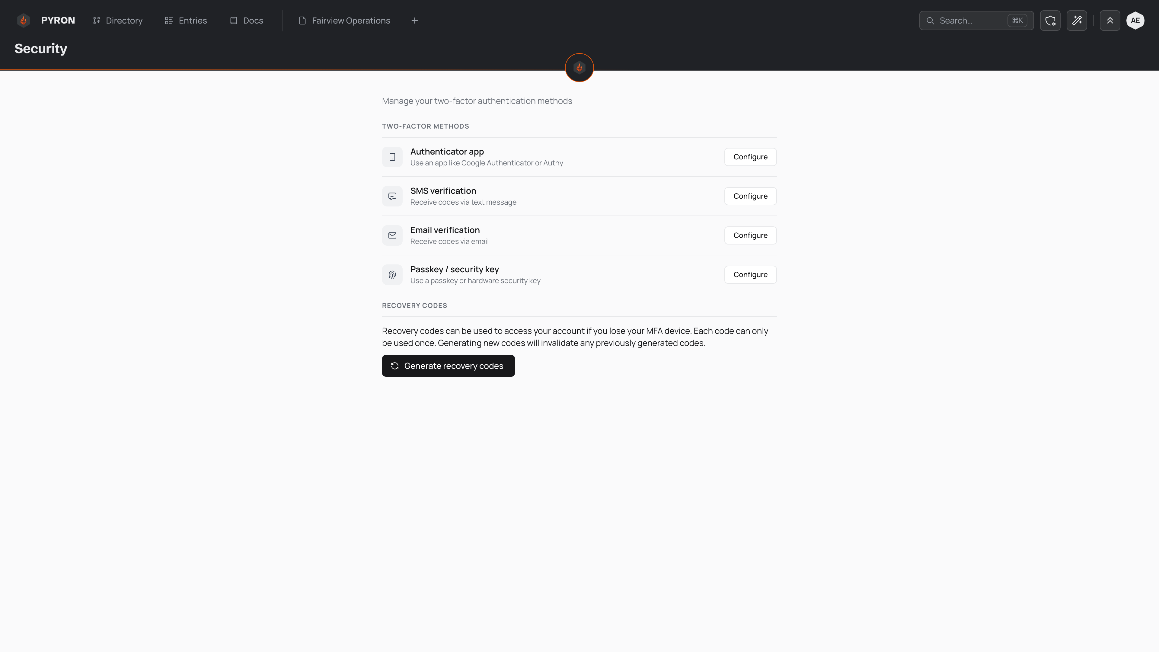 The Security page listing four two-factor methods, each with a Configure button, above a recovery codes section.