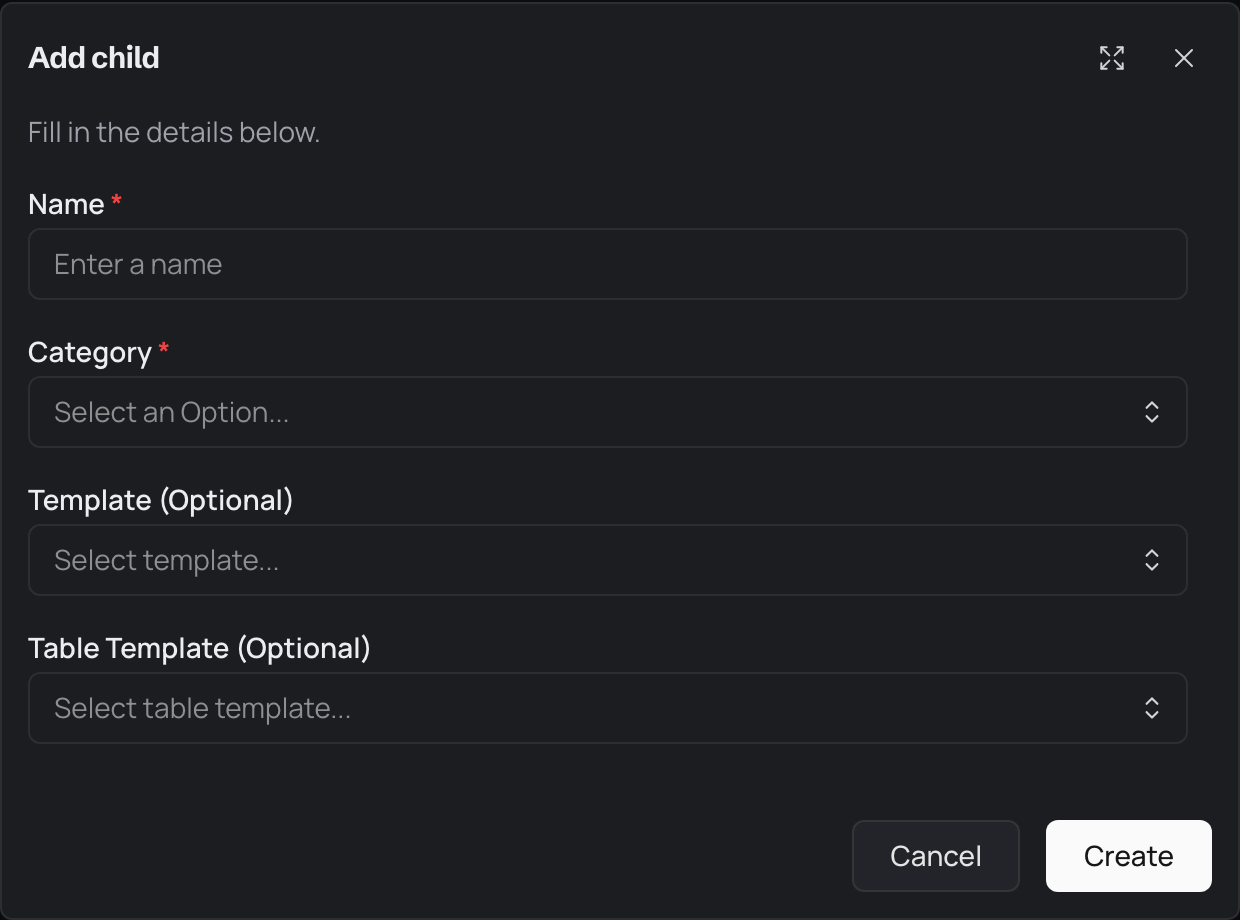 The add form, with fields for the name, an optional template and an optional table template, above Cancel and Create buttons.