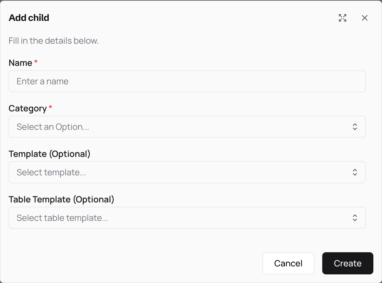 The add form, with fields for the name, an optional template and an optional table template, above Cancel and Create buttons.