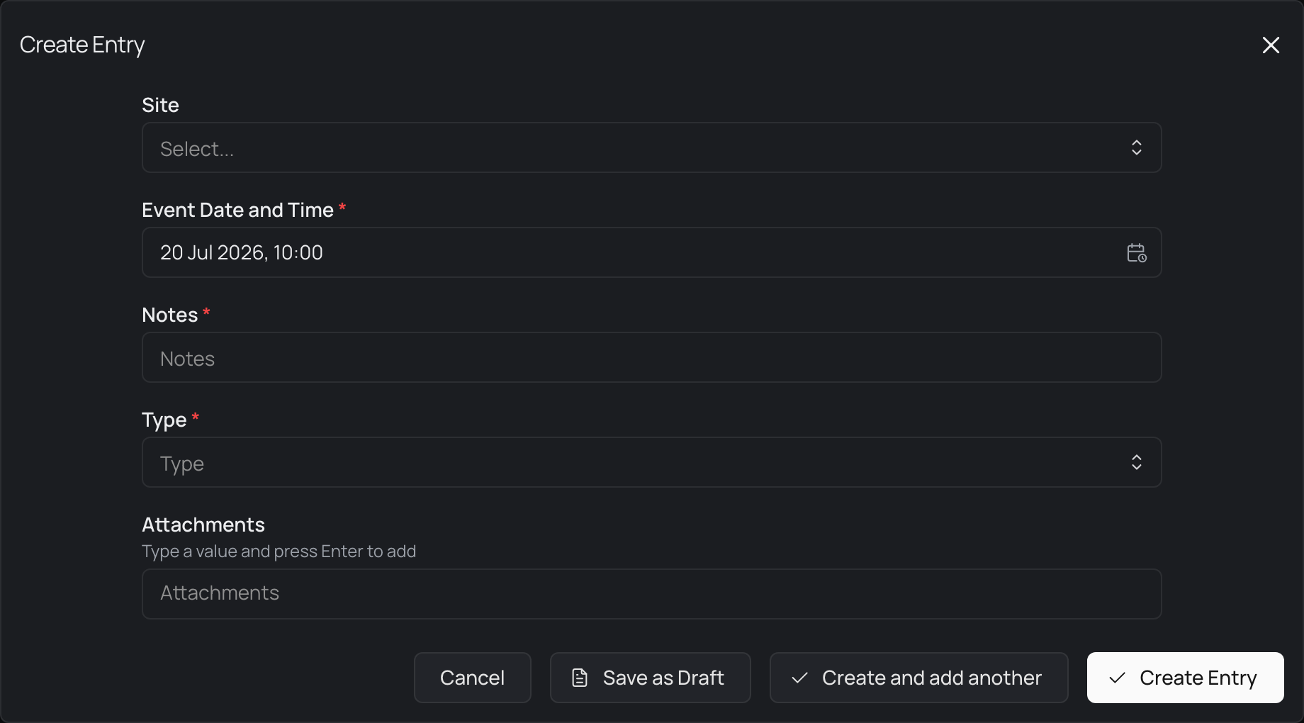 The Create Entry dialog open over a directory page's entries table, showing fields for Site, Event Date and Time, Notes, Type and Attachments, with buttons to cancel, save as a draft, create and add another, or create the entry.