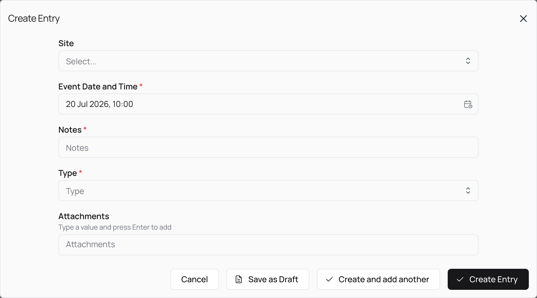 The Create Entry dialog open over a directory page's entries table, showing fields for Site, Event Date and Time, Notes, Type and Attachments, with buttons to cancel, save as a draft, create and add another, or create the entry.