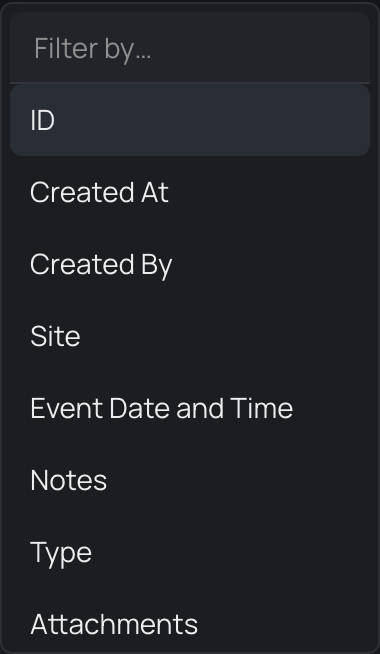 The filter panel open on a directory page's entry table, listing the columns you can filter by.