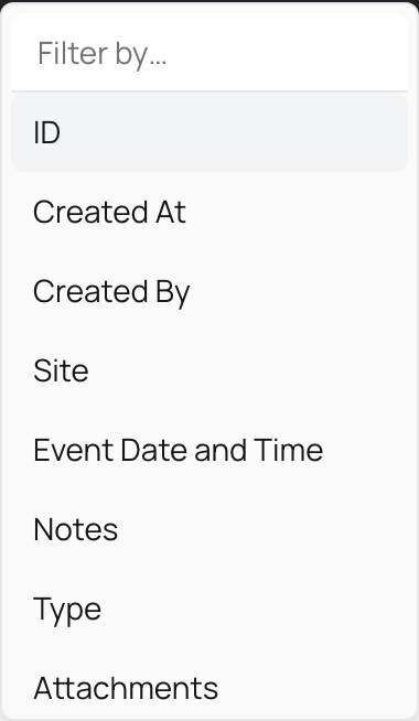 The filter panel open on a directory page's entry table, listing the columns you can filter by.