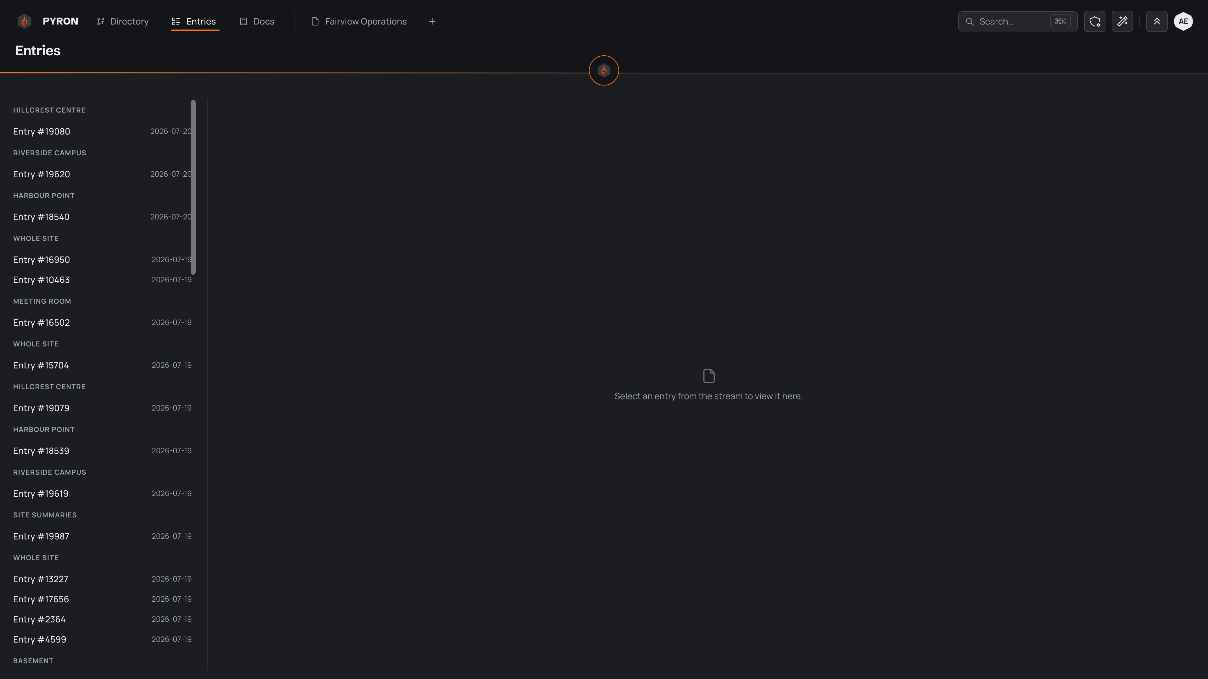The Entries screen showing a stream of logged entries down the left, each with its number and the date it was logged and grouped under where it belongs, and an empty detail pane on the right.