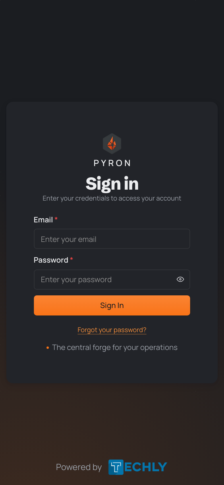 The Pyron sign-in screen on a phone, with Email and Password fields and a Sign In button
