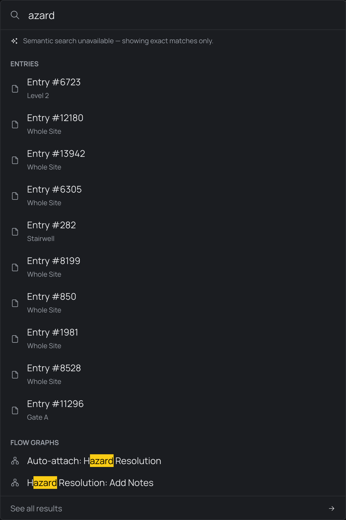 The search palette open over the Directory screen, showing results for a search grouped into an Entries section and a Flow graphs section, with a note that semantic search is unavailable.