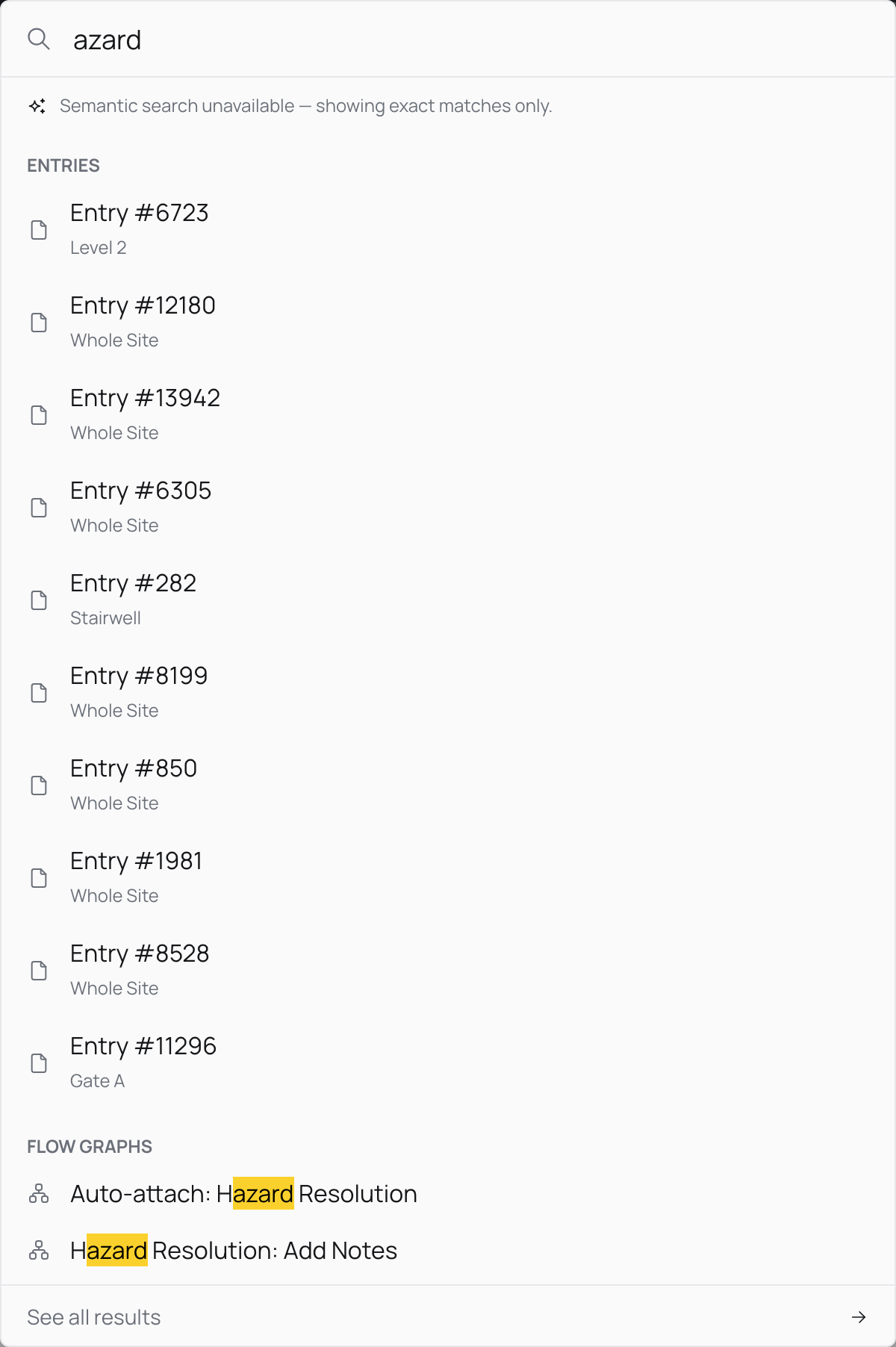 The search palette open over the Directory screen, showing results for a search grouped into an Entries section and a Flow graphs section, with a note that semantic search is unavailable.